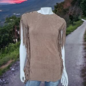 Weeve Paris short sleeve faux suede leather sweater with fringe size S/M top
